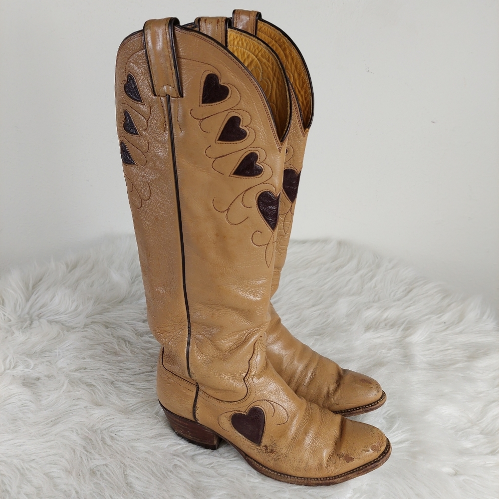 Vintage RARE Extra Tall Justin Women's Cowboy Boots Beige Brown Heart Inlays 8.5